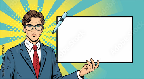 Pop Art Style Businessman Presenting Blank Whiteboard with Pen