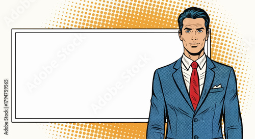 Pop Art Businessman with Blank Presentation Frame and Transparent Background