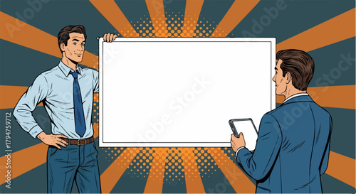 Pop Art Businessmen with Blank Sign and Tablet, Transparent Background