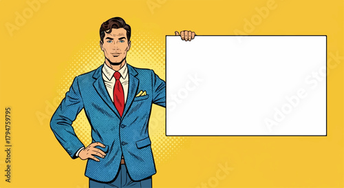 Pop Art Man in Suit Holding Blank White Sign for Message