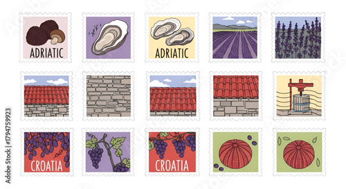 Adriatic croatia travel stamps collection vector graphic illustration