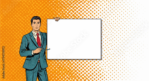 Pop Art Businessman Holding Blank Sign on Orange Halftone Background