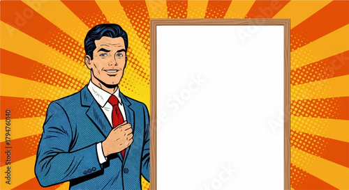 Pop Art Businessman Presenting Blank White Sign on Retro Burst Background