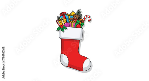 Festive christmas stocking filled with cheerful gifts and sweets illustration isolated on white
