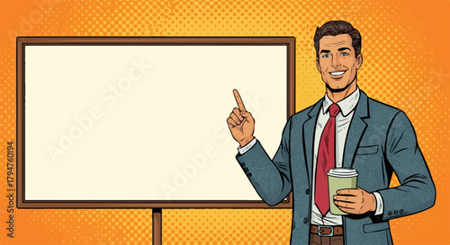 Smiling Pop Art Businessman Pointing at Whiteboard, Holding Coffee Cup, on a Transparent Background.