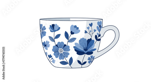 Elegant floral teacup design illustration with blue blossom and leaves on white backdrop