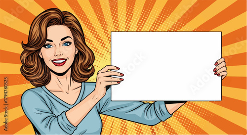 Pop Art Woman Smiling and Holding a Blank Rectangular Sign (Transparent Background)