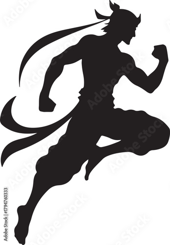 Silhouette of a Javanese warrior in a dynamic pose. The image shows a strong figure with traditional attire, embodying the spirit of Java's heritage.