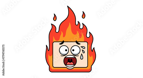 Animated burning character with a distressed expression amidst fiery flames design