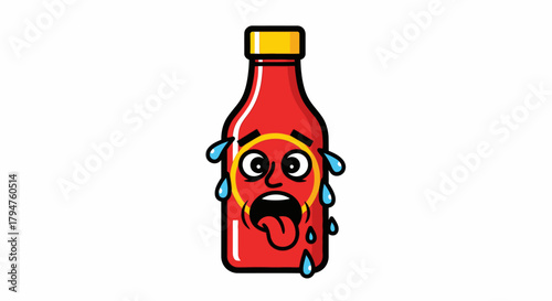 Cartoonish red hot sauce bottle character experiencing intense spiciness expression