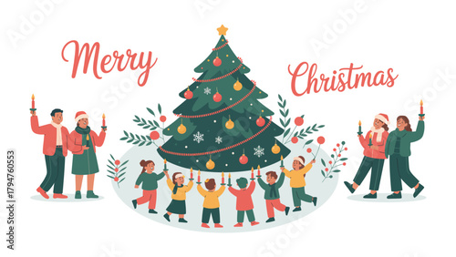 Festive Gathering: A joyful holiday scene unfolds as a group of people gather around and carry a beautifully adorned christmas tree under the welcoming Merry Christmas greeting.
