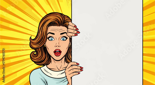Pop Art Woman Peeking from Behind Blank White Sign with Shocked Expression and Yellow Comic Background (Transparent Background).