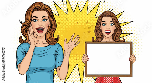 Pop Art Women with Blank Sign and Surprised Expression, Transparent Background