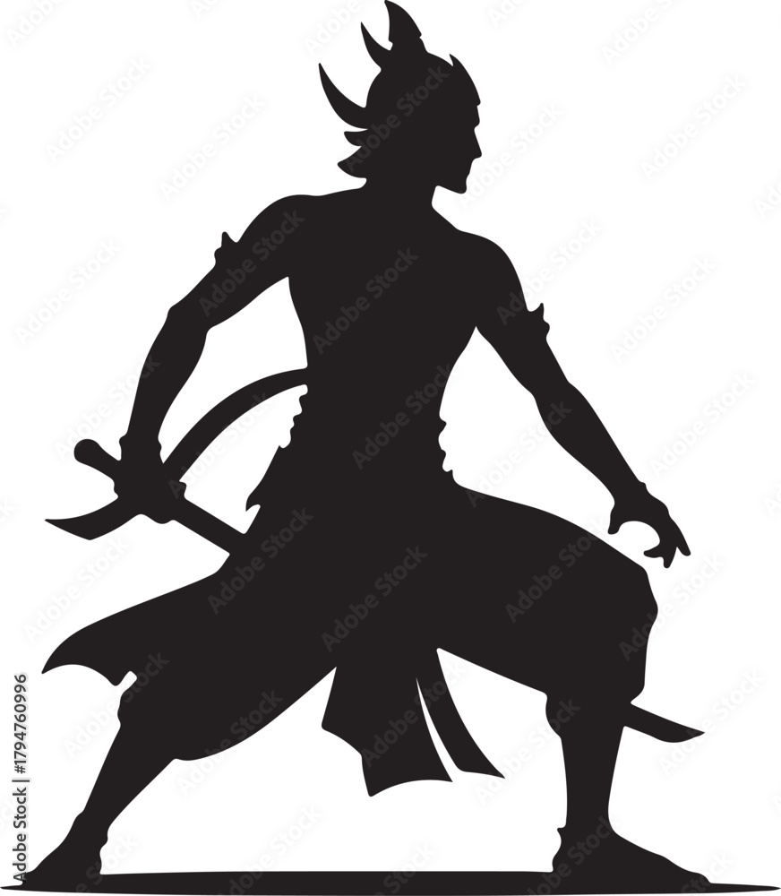 Fototapeta premium A Javanese warrior silhouette is depicted in a dynamic pose, brandishing a sword with a traditional headdress, conveying strength and cultural heritage.