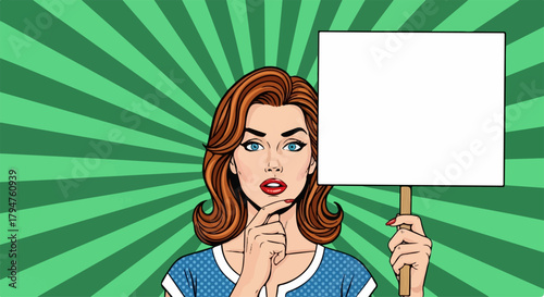 Pop Art Woman Holding Blank Sign with Thoughtful Expression, Transparent Background.