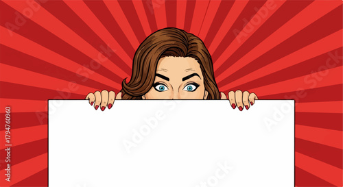 Pop Art Woman Peeking Over Blank White Sign on Red Radial Background