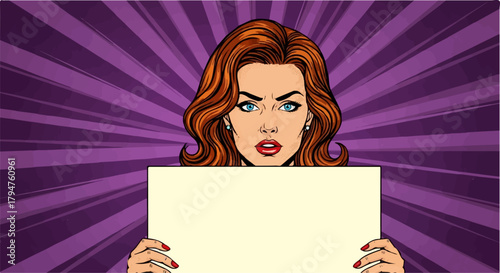 Pop Art Woman with Red Hair Holding Blank Sign on Transparent Background
