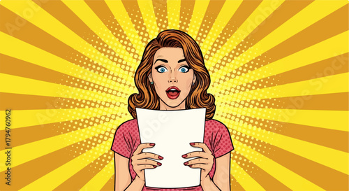 Surprised Pop Art Woman Holding Blank Paper with a Transparent Background