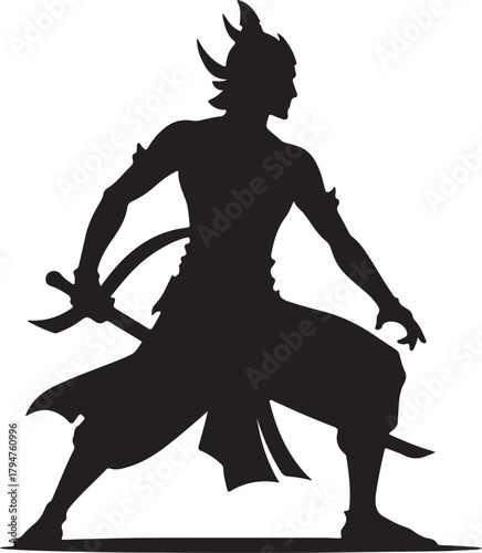 A Javanese warrior silhouette is depicted in a dynamic pose, brandishing a sword with a traditional headdress, conveying strength and cultural heritage.