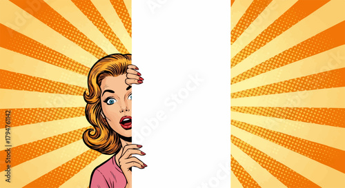 Pop Art Woman Peeking Behind Blank White Banner on Sunburst Background