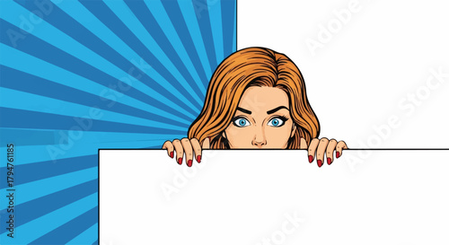 Pop Art Woman Peeking Over Blank Sign with Blue Radial Burst, Transparent Background.