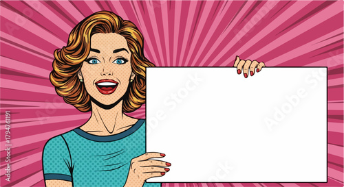 Cheerful Pop Art Woman Holding Blank Sign on Pink Burst Background