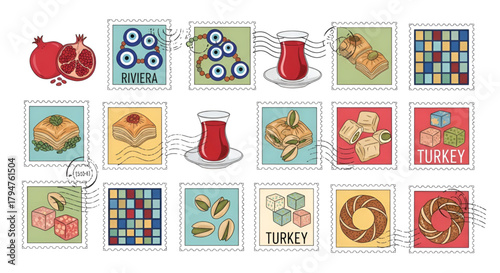 Turkey travel stamps collection vector illustration turkish culture
