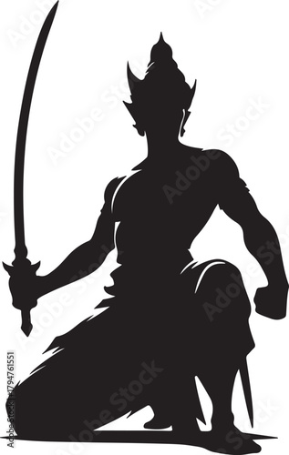 Javanese warrior silhouette. The warrior kneels with a curved sword in hand, ready for battle, in a striking black silhouette.
