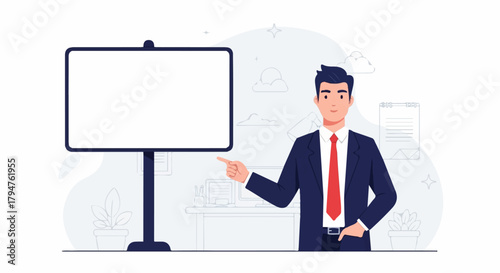Male Professional Pointing to Blank Presentation Board, Transparent Background