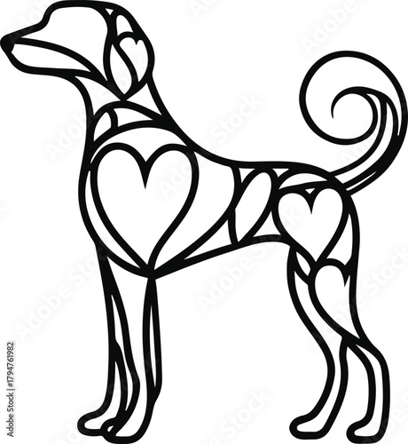Abstract dog created from heart-shaped continuous lines, symbolizing love and companionship, clean minimal vecto 3
