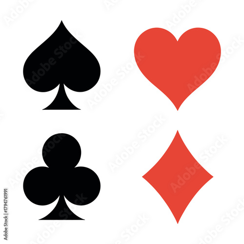 Flat playing card suit icon set. spade, heart, club, and diamond symbols in vector format for card games, casino graphics, gambling designs, and digital game interfaces.