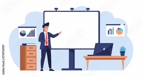 Business Presentation Illustration with Blank Whiteboard