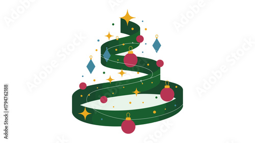 Festive Ribbon Tree: A beautifully illustrated Christmas tree composed of a spiraling green ribbon adorned with ornaments and stars, capturing the essence of holiday cheer and decorative style.
