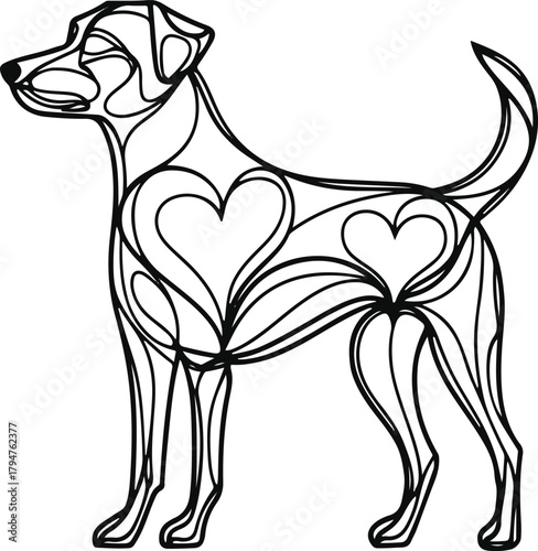  Abstract dog created from heart-shaped continuous lines, symbolizing love and companionship, clean minimal vecto