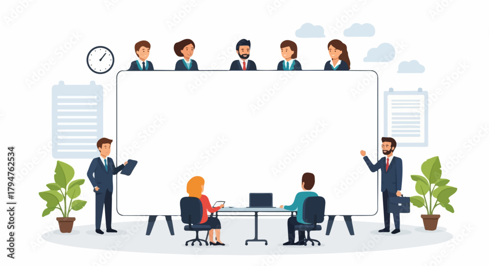 Obraz premium Business Meeting Illustration with Board and Team Presentation