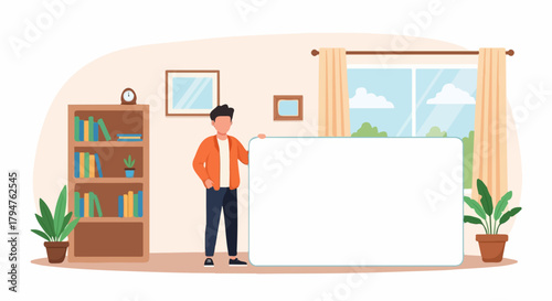 Cartoon Man Holding a Blank Board in Living Room
