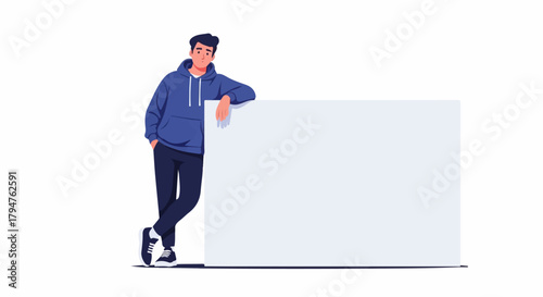 Cartoon Man Leaning on Blank White Board
