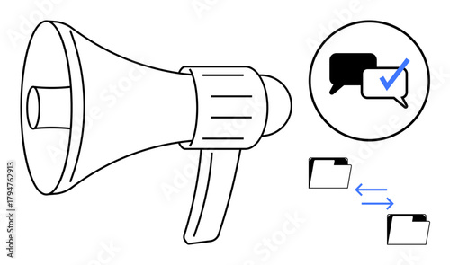 Megaphone for amplifying voice, speech bubbles with checkmark for validated communication, folders with arrows for data exchange. Ideal for messaging, collaboration, marketing, organization