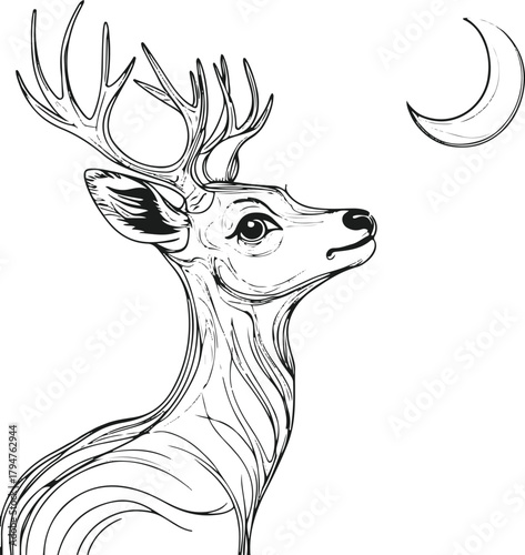 Abstract line art of a deer gazing at a crescent moon — poetic connection between earth and night sky 1