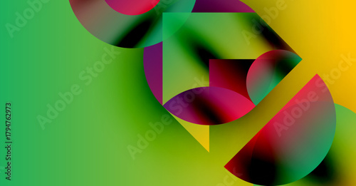 Abstract composition. Overlapping shapes create vibrant color gradients. Green, yellow, red hues dominate design. Fluidity, motion implied.