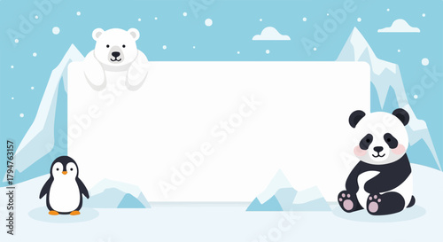 Polar Animals with Blank Sign Illustration