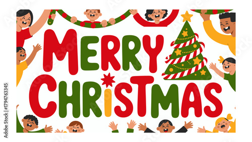 Slika na platnu Joyful Christmas Celebration: A vibrant and cheerful illustration depicts Merry Christmas in festive colors, surrounded by smiling faces and holiday elements