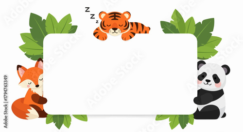 Cartoon animals frame with fox, tiger, panda