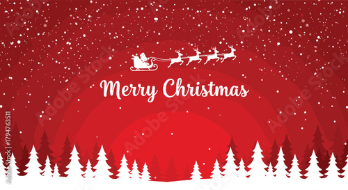 Merry Christmas red winter night scene, Santa sleigh with reindeer silhouette over snowy pine forest, festive snowfall background, elegant holiday greeting card design, classic typography