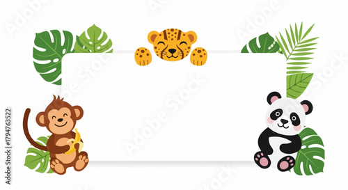 Jungle Animals and Tropical Leaves Frame with Transparent Background