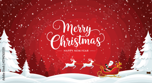 Merry Christmas snowy landscape illustration, Santa sleigh with reindeer on winter hills, festive red background, falling snowflakes, pine trees, holiday greeting card design, cheerful seasonal