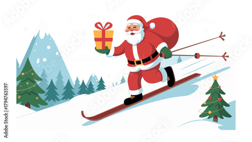 Santa's Snowy Adventure: A cheerful Santa Claus skis down a snowy mountain slope, gifts in hand, the spirit of Christmas.