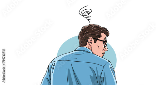 Confused Man Looking Over His Shoulder With Swirls Above His Head