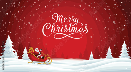 Merry Christmas winter landscape scene, Santa sleigh on snowy hills with pine trees, festive red background, holiday greeting card design, falling snowflakes