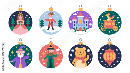 Christmas Ornaments Wonderland: Festive Christmas ornaments, each adorned with whimsical illustrations, capturing the spirit of joy and holiday.